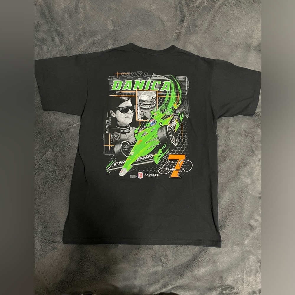 Danica Race Car Anvil Black T-Shirt with Green and Orange Graphic